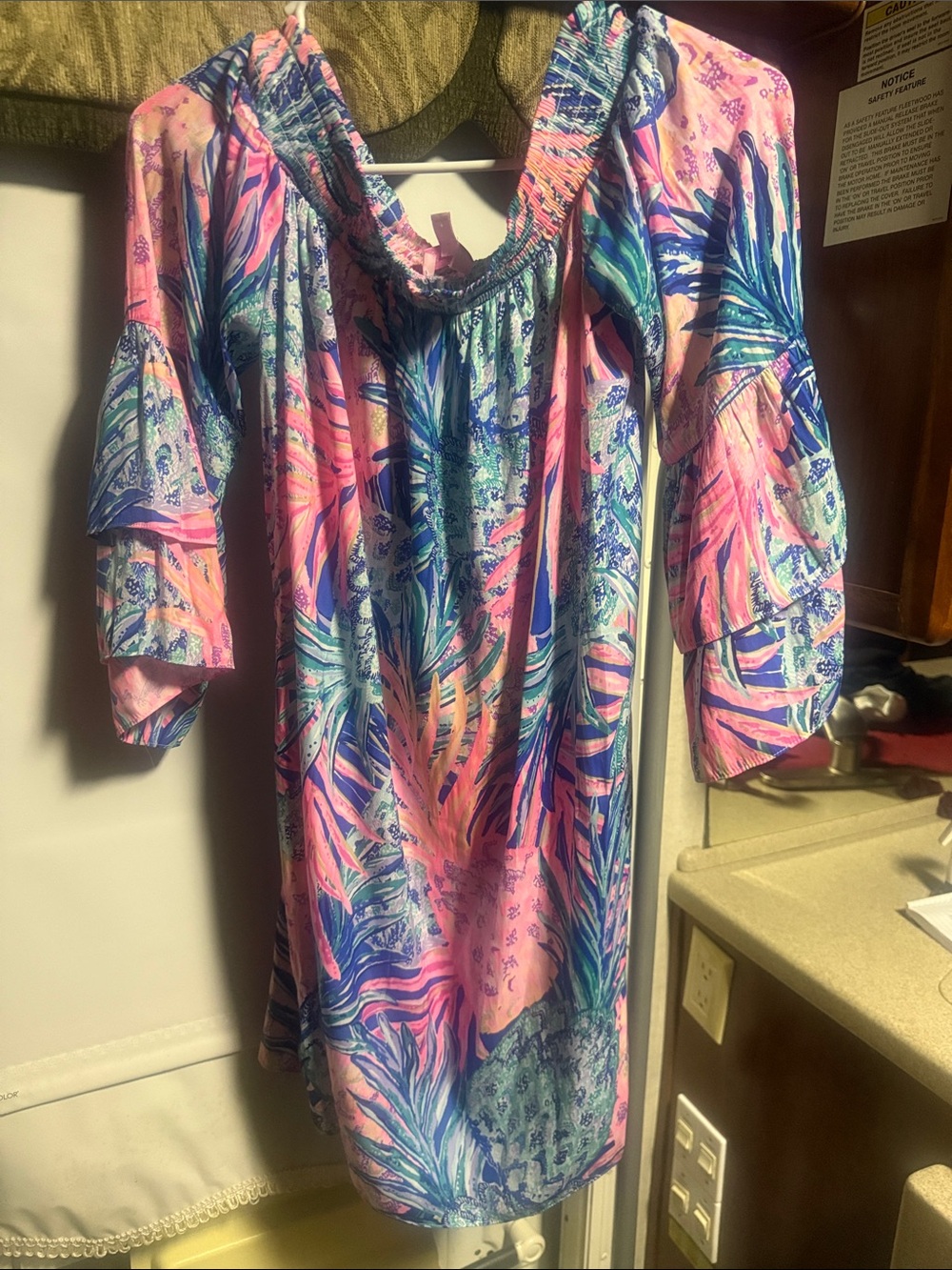 Lilly Pulitzer Pink & Blue Tropical-Print Off-Shoulder Midi Dress